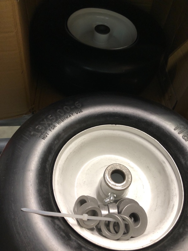 Photo 2 of 2 PCS Upgrade 13x5.00-6" Flat Free Lawn Mower Smooth Tire, Commercial Grade Lawn and Garden Mower Turf Replacement Solid Tire and Wheel with Steel Rim, 3/4" Grease Bushing and 3.25"-5.9" Centered Hub