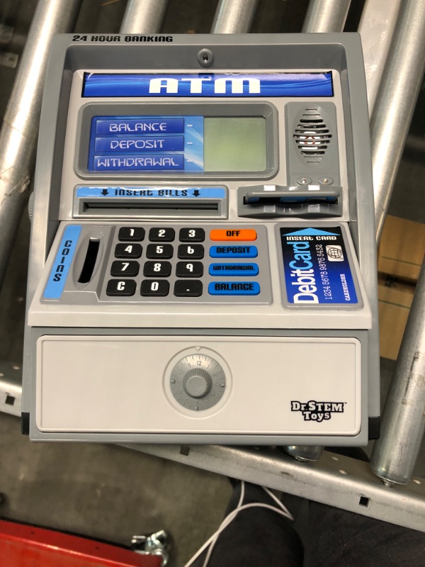 Photo 2 of Dr. STEM Toys Kids Talking ATM Machine Savings Piggy Bank with Digital Screen, Electronic Calculator That Counts Real Money, and Safe Box for Kids, Silver MONEY NOT INCLUDED 