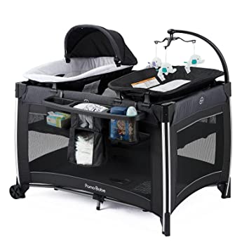 Photo 1 of Pamo Babe 4 in 1 Portable Baby Crib Deluxe Nursery Center, Foldable Travel Playard with Bassinet, Mattress, Changing Table for Newborn, Infant, Toddler(Black)
