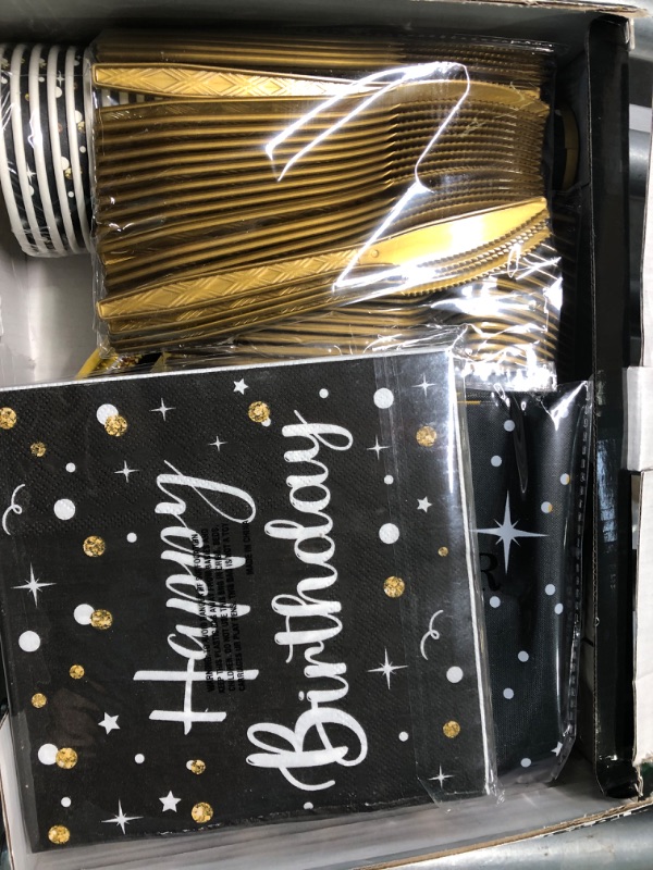 Photo 2 of 60th birthday decorations for men women - (Total 169pcs) black gold Birthday supplies Plates and Napkins, Cups, Knives, Forks, Spoons Included, tablecloth, Disposable Tableware for 24 Guests