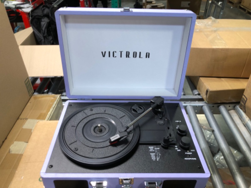Photo 3 of Victrola Vintage 3-Speed Bluetooth Portable Suitcase Record Player with Built-in Speakers | Upgraded Turntable Audio Sound | Lavender (VSC-550BT-LVG) Lavender/Silver Record Player