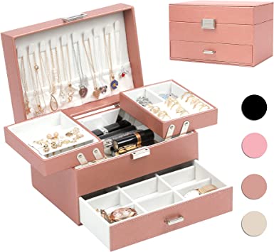 Photo 1 of Dajasan Jewelry Organizer for Women Girls PU Leather Storage Case with Removable Tray 3 Layers Jewelry Display Case Gift Box for Bracelets, Rings, Necklaces, Earring
