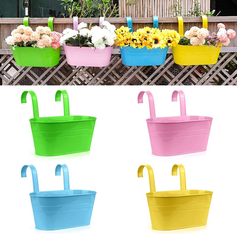 Photo 1 of 4 Pack Metal Hanging Planters for Railing Balcony 10.6" & 5.1"Multicolor Hanging Flower Pot with Detachable Hooks for Deck Fence Metal Wall Planter Hanging Buckets for Herb Plants Outdoor Garden Decor
