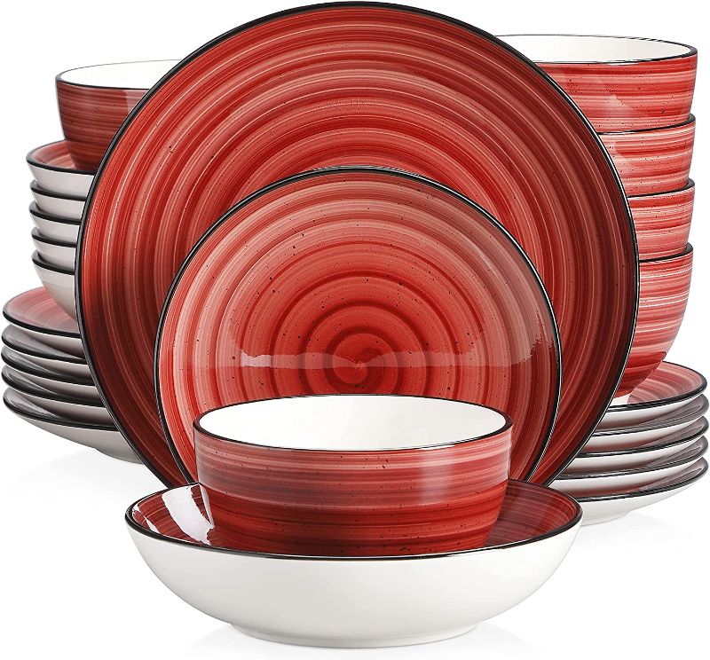 Photo 1 of vancasso Bonbon Red Dinnerware Set 24 Pieces Stoneware Dinnerware Set Handpainted Spirals Pattern Ceramic Combination Set with Dinner Plates, Dessert Plates, Soup Plates and Bowls, Dinner Set for 6
