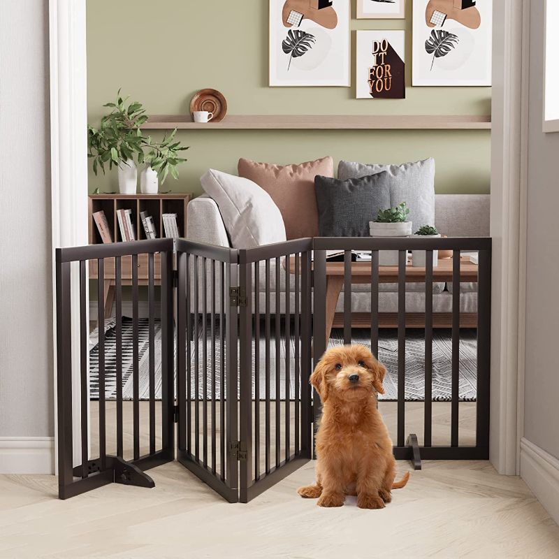 Photo 1 of  Freestanding Dog Gates for The House, Doorway, Foldable 4-Panel Pet Gates for Dogs,Extra Wide Doggy Fence for Inside Brown
