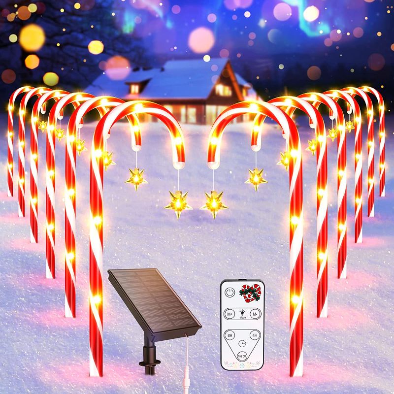 Photo 1 of BUCASA 12 Pack Christmas Decorations Outdoor Solar Candy Cane Lights, Upgraded Waterproof Solar Pathway Markers Yard Lights with Star & Remote Control, 9 Modes Xmas Decorations for Garden Yard Decor
