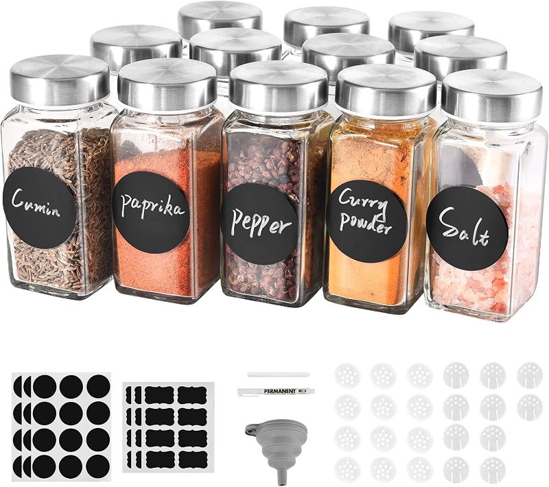 Photo 1 of Akoatail Spice Jars with Label, 12 Empty Square Glass Spice Jars Spice Bottles, Spice Containers with Airtight Stainless Steel Caps and Shaker Lids, Glass Seasoning Jars, Spice Jar Organizer Set
