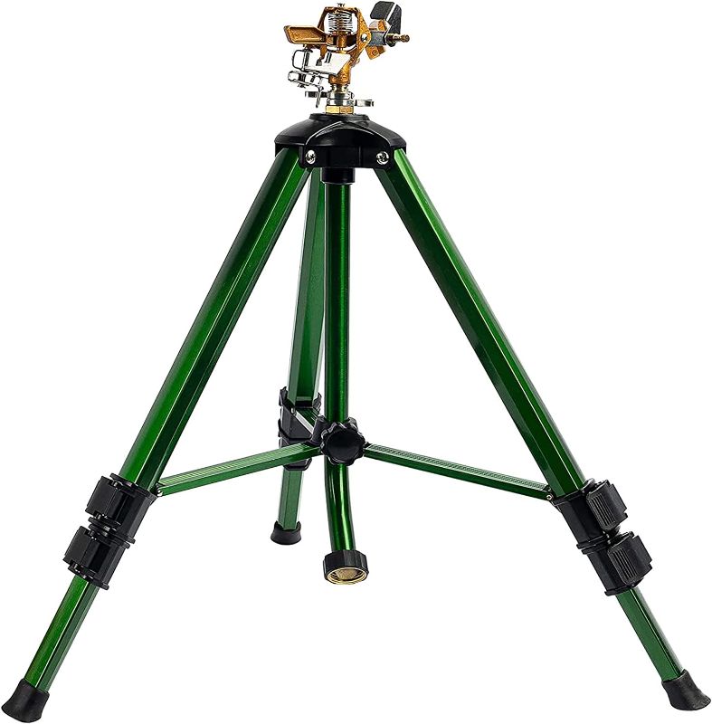 Photo 1 of  Hourleey 1Pack Extra Tall,Extends Up to 50 Inch, Heavy Duty Tripod Sprinklers with Brass Sprinkler Head, 360 Degree Large Area Coverage, 3/4 Inch Connector Sprinkler for Yard Lawn Garden
