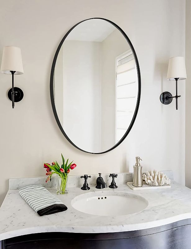 Photo 1 of ANDY STAR Oval Bathroom Mirror, Black Oval Mirror for Bathroom, Oval Vanity Mirror for Bathroom, 20x28’’ Oval Wall Mirror Pill Shaped Mirror Stainless Steel Frame Wall Mount Horizontal or Vertical
