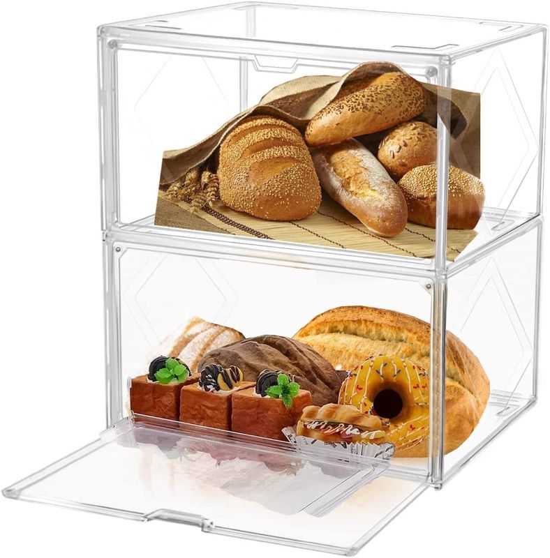 Photo 1 of 2PCS Upgrade Large Bread Box for Kitchen Countertop, Plastic Bread Box Bread Holder, Stackable Double Layer Bread Storage Container, Clear Bread Boxes for Kitchen Countertop, Pantry Storage