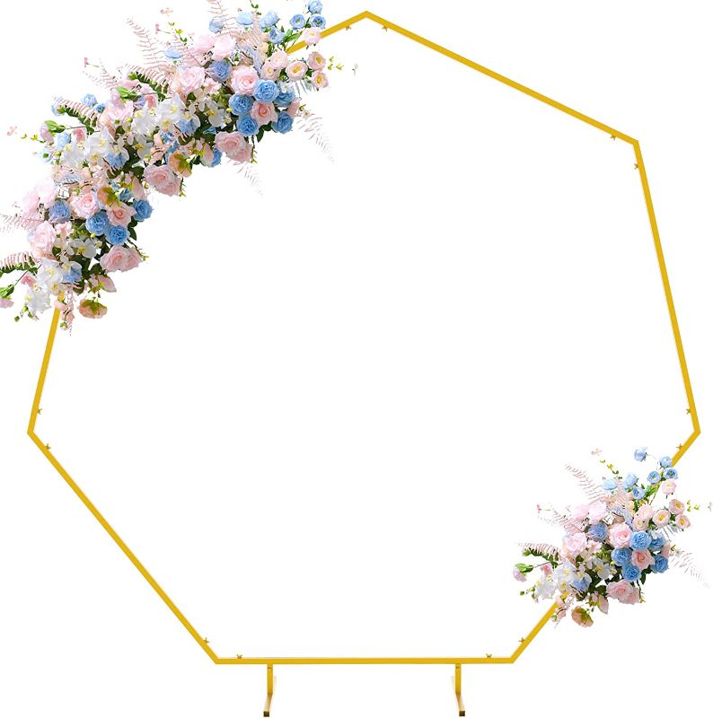 Photo 1 of Asee'm Wedding Arch Backdrop Stand Metal Gold Arch Heptagon Balloon Arch Backdrop Stand for Wedding Party Valentines Birthday Party Backdrop Baby Shower Photo Booth Garden Arch Party Decoration