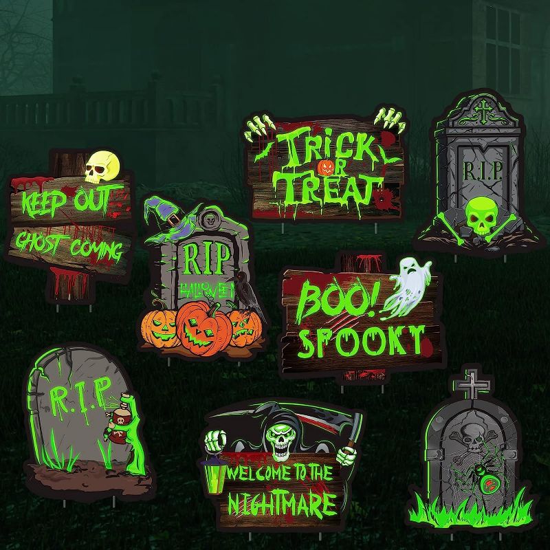 Photo 1 of 8 Pack Outdoor Halloween Decorations Fluorescence Graveyard Tombstone Halloween Yard Signs with Stakes Scary Halloween Pumpkin Trick or Treat Beware Signs for Haunted House Halloween Lawn Yard Decor