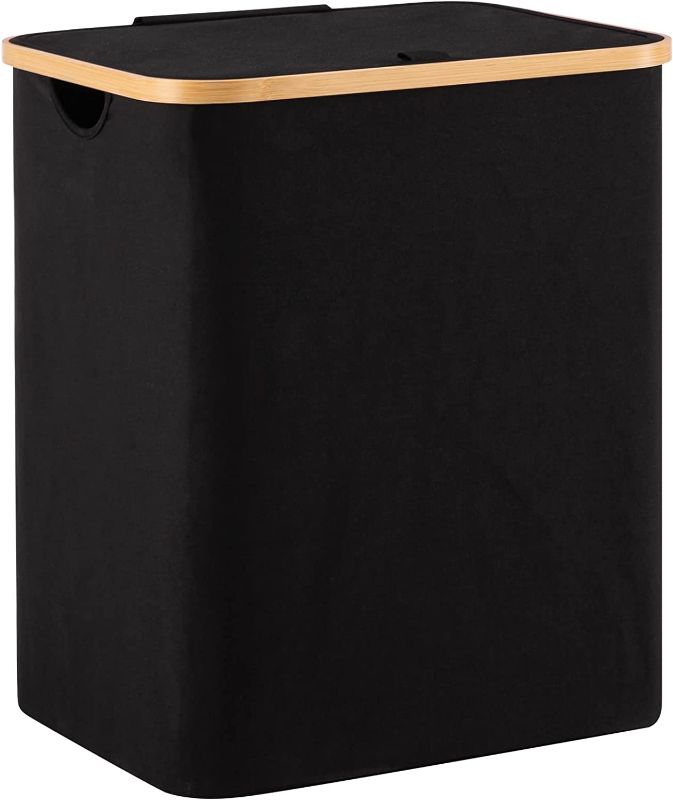 Photo 1 of YOUDENOVA 66L Bamboo Laundry Hamper Basket with Lid and Handle, Waterproof and Collapsible Cloth Hamper for Closet and Bathroom, Black(15.7"L 13"W 19.7"H)