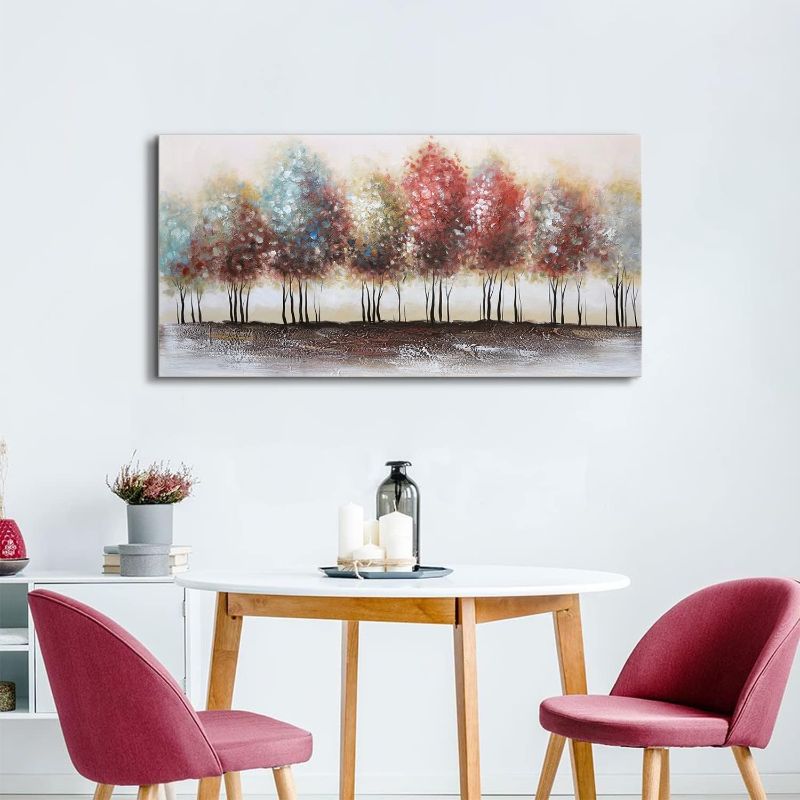 Photo 1 of  Abstract Trees Hand Painted Oil Painting on Canvas Wall Art Colorful Season Trees Scenery Picture Painting Decor 24x48" Abstract Nature Forest Landscape Artwork for Living Room Bedroom Home Decoration
