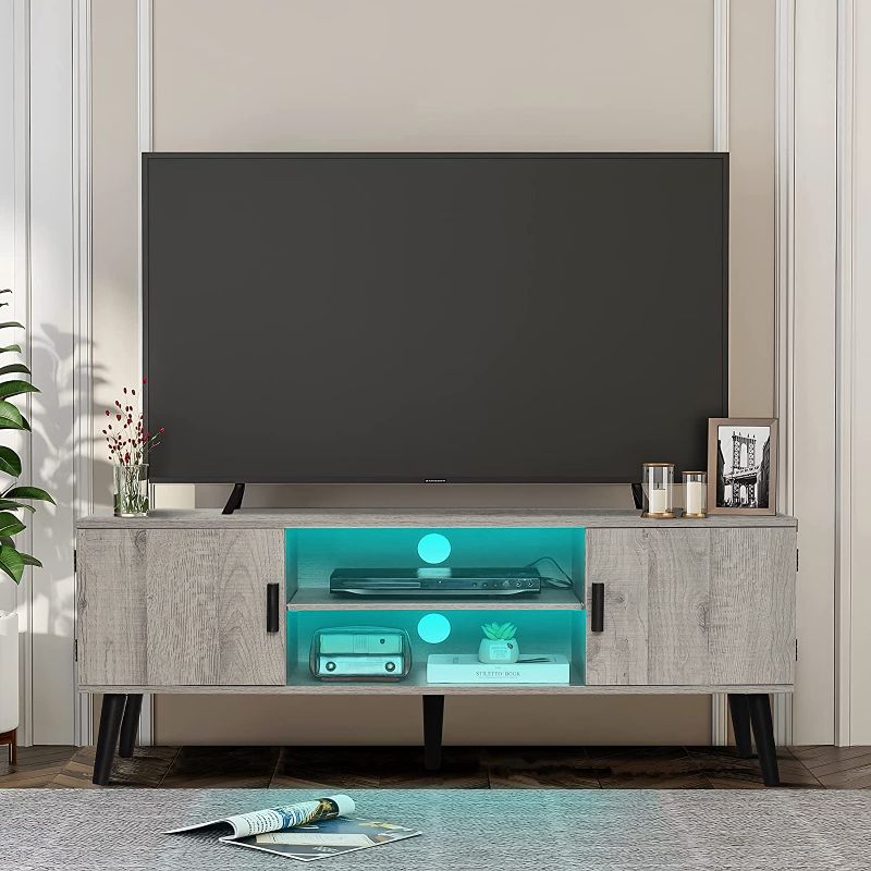 Photo 1 of Quimoo TV Stand for 55 inch TV, LED Entertainment Center with LED Lights & Power Outlet, TV Console with 2 Cabinets & Open Shelf, Media Console for Living Room, Bedroom, Grey