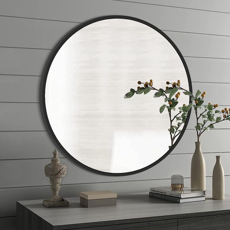 Photo 1 of Black Round Mirror, 24 Inch Round Wall Mirror, Metal Framed Round Bathroom Mirror, Circle Mirror Wall Mounted for Living Room Entryway Bathroom Bedroom