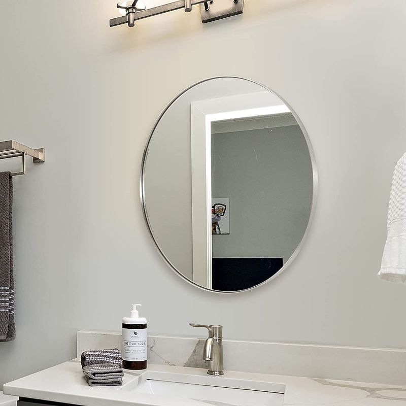 Photo 1 of ANDY STAR Round Bathroom Mirror, 24’’ Polished Chrome Round Bathroom Mirrors in Stainless Steel Metal Frame 1" Deep Set Design