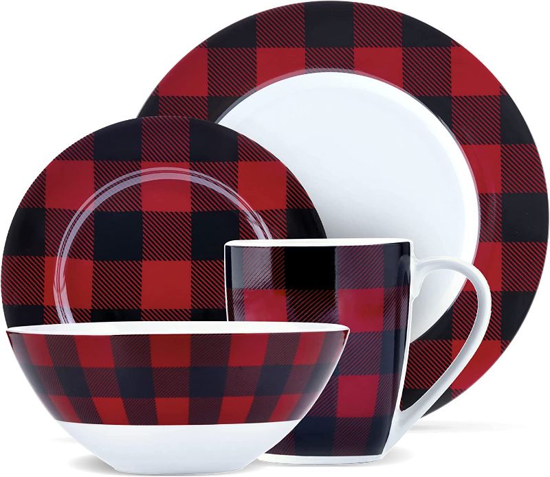 Photo 1 of ****1 cup is cracked**** Safdie & Co. - Red, Black Plaid Plates and Bowls Sets, Modern Dinnerware Set, Kitchen Dinnerware Sets, Indoor and Outdoor Plates, 16-Piece Plaid Kitchen Plates and Bowls Set with Mugs, Dishwasher Safe