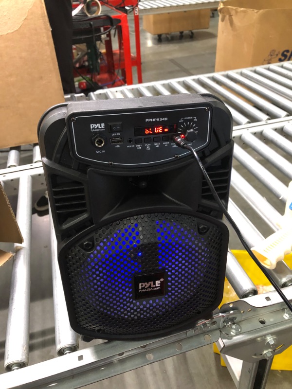 Photo 2 of Pyle Portable Bluetooth PA Speaker System-300W Rechargeable Indoor/Outdoor Bluetooth Speaker Portable System w/ 8” Subwoofer 1” Tweeter, Microphone in, Party Lights, MP3/USB, Radio, Remote PPHP834B