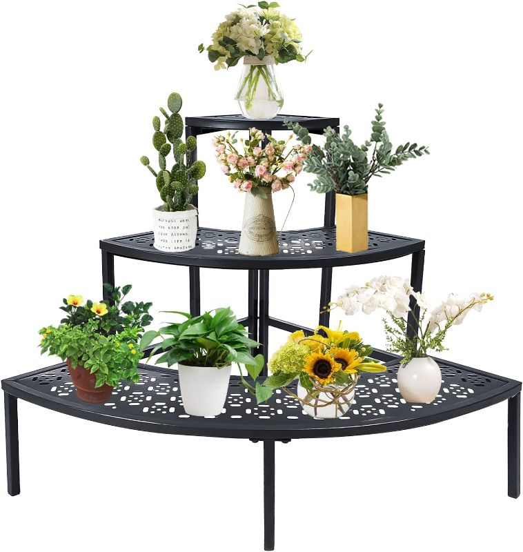 Photo 1 of 3 Tier Plant Stand Semi-Circular Flower Pot Organizer Rack Quarter Round Plant Display Holder Outdoor Storage Shelves Metal Corner Shelf Planter Shelving Ladder Plant Stand for Indoor Use