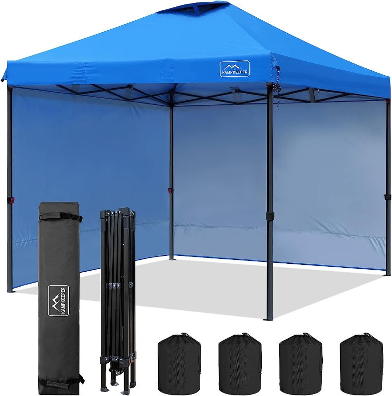Photo 1 of KAMPKEEPER Pop up Canopy Tent 10'x10', Air Vent on The Top with 2 Side Wall, 4 Sand Bags, UPF 50+ and Waterproof Outdoor Canopy, 3 Adjustable Height with Wheeled Carrying Bag(Blue)
