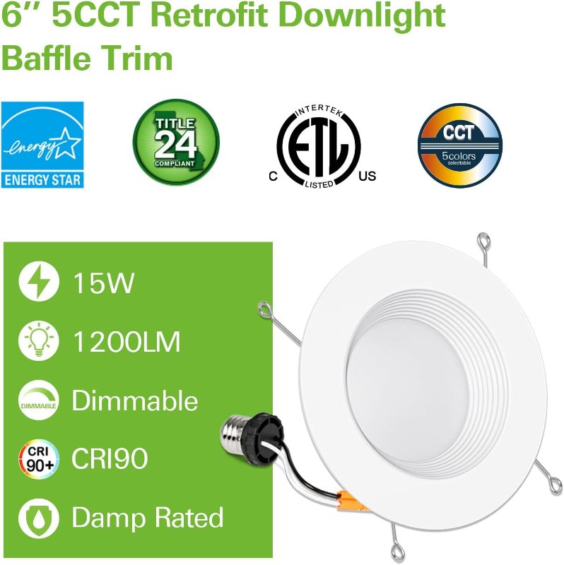 Photo 1 of 2 Pack 5/6 Inch Selectable CCT LED Recessed Lighting, Baffle Trim, CRI90, 1100lm, 15W=100W, 2700K/3000K/3500K/4000K/5000K Adjustable, Dimmable Recessed Lighting, Damp Rated LED Can Lights 2700k/3000k/3500k/4000k/5000k- 5cct 6 Inch