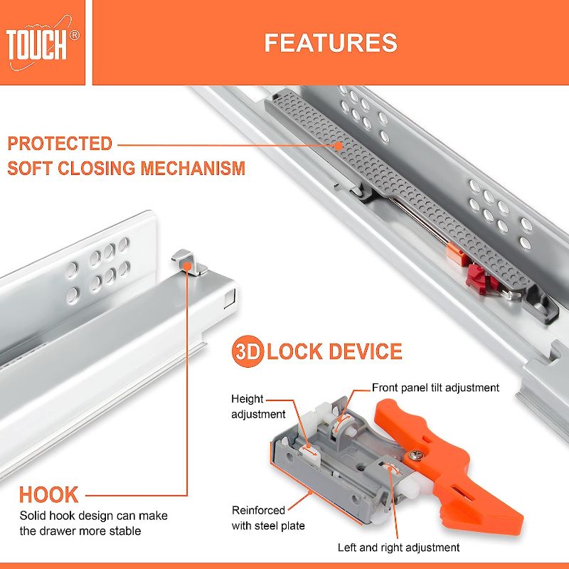 Photo 1 of TOUCH Drawer Slide (1pair, 21 Inch 533mm) Undermount for 1/2 and 5/8 INCH, Self Soft Close Concealed Kitchen/Dresser Runner, Under / Bottom Guide Glide Track, 75 LB Capacity 3D Adjustable Lock Device 21" 533MM 5.0

**SCREWS NOT INCLUDED