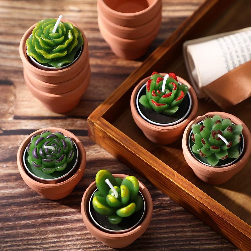Photo 1 of 6 Pcs Succulent Candles Decorative Cactus Tealight Candle Novelty Tea Lights Handmade Baby Shower Candle Decorations Stylish Plant Candle with Mini Terracotta Clay Candle Holders for Birthday Wedding