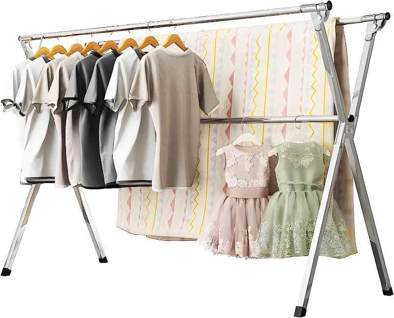 Photo 1 of  Clothes Drying Rack, Heavy Duty Stainless Steel Laundry Drying Rack Folding Indoor Outdoor, Portable Drying Rack Clothing, Free-Standing Laundry Stand with 20 Windproof Hooks
