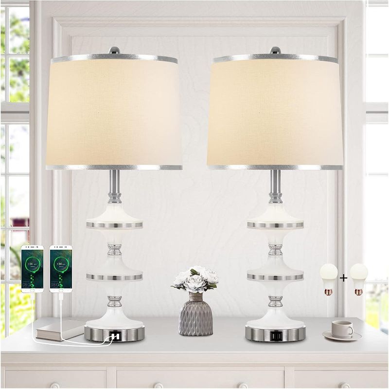 Photo 1 of KIVDITZO 27.5" Tall Table Lamps Set of 2 with USB Ports Touch Control Switch Linen Fabric Shade Bedside Lamp for Living Room Bedroom Home Office Dining...
