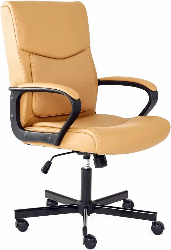 Photo 1 of Hoxne Mid Back Office Chair, Adjustable Khaki PU Leather Executive Office Chair, Ergonomic Rolling Swivel Task Computer Chair with Armrest and Castersfor Home Office Use
