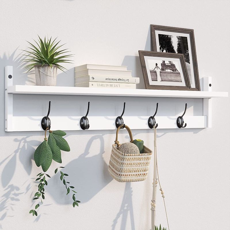 Photo 1 of BAMEOS Wall Hooks with Shelf 28.9 Inch Length Entryway Wall Hanging Shelf Wood Coat Hooks for Wall with Shelf Wall-Mounted Coat Hook Rack with 5 Dual Hooks for Bathroom, Living Room, Bedroom ?White
