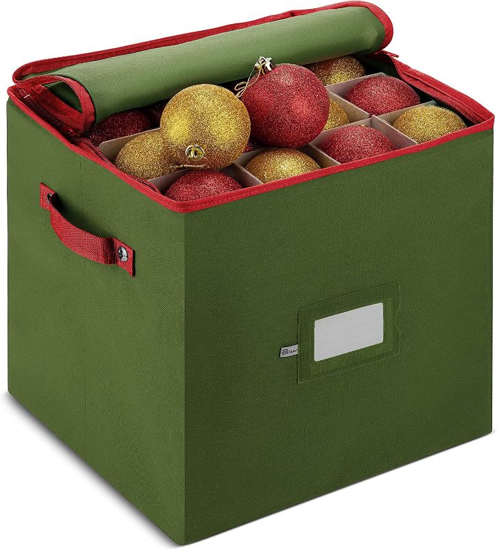 Photo 1 of ZOBER Christmas Ornament Storage Box with Dual Zipper Closure - Box Contributes Slots for 64 Holiday Ornaments 3-Inch, Xmas Decorations Accessories, Made of Nonwoven Tear-Proof Material, Green
