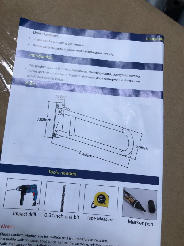 Photo 1 of 1 Pack Flip Up Grab Bar for Bathroom, Toilet Safety Rail for Elderly, Toilet Grab Bar for Elderly for Wall, 24 Inch Non-Skid Toilet Handicap Grab Bar Handicap Rail for Home Hotel Disabled Pregnant