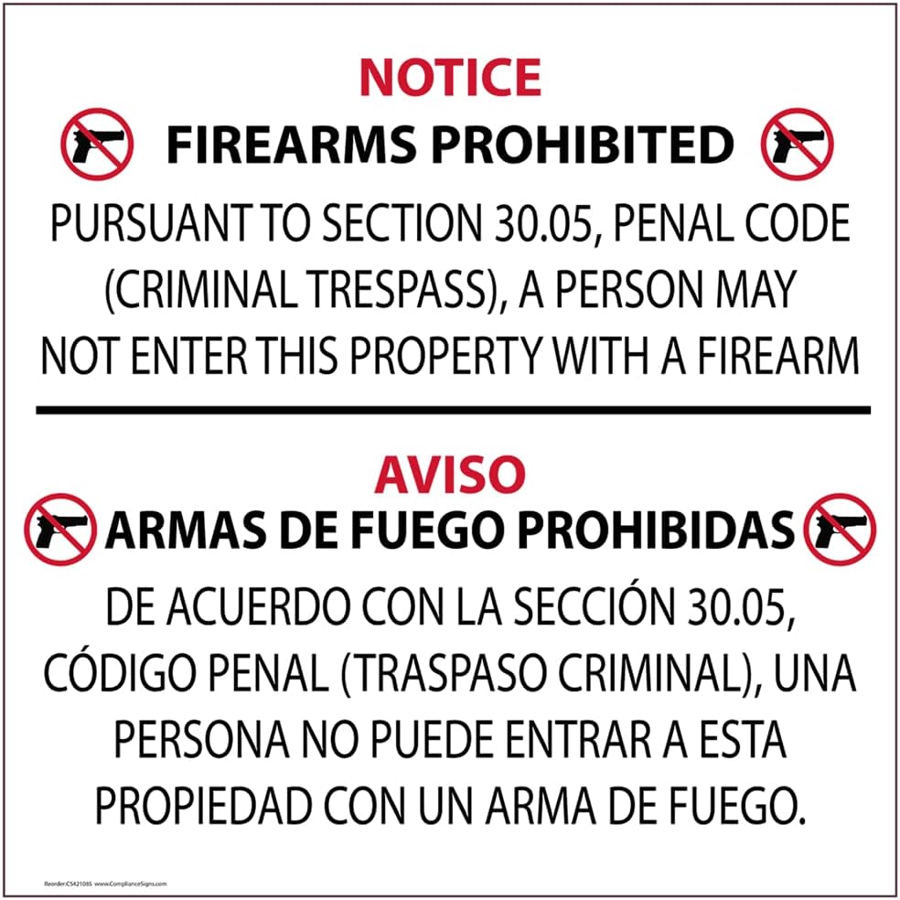 Photo 1 of ComplianceSigns.com Texas 30.05 A Person May Not Enter with a Firearm Bilingual, Aluminum, 24" x 24"
