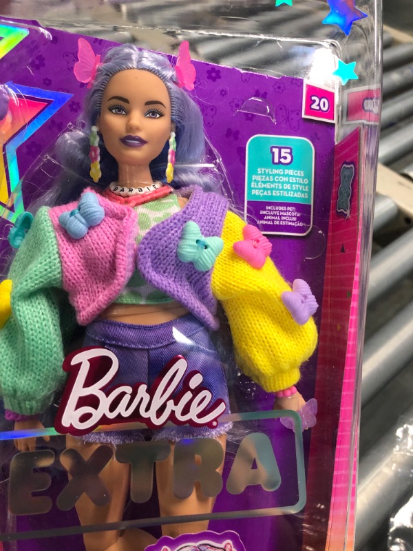 Photo 4 of Barbie Extra Doll & Accessories with Wavy Lavender Hair in Colorful Butterfly Sweater & Pink Boots with Pet Koala Lavender Hair, Butterfly Sweater