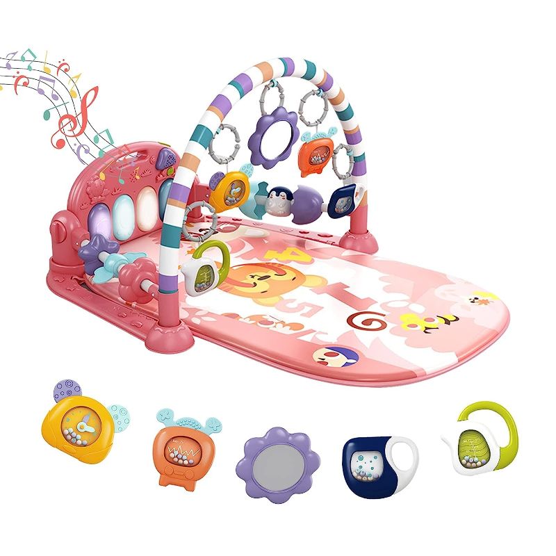 Photo 1 of Baby Play Mat Baby Gym,Funny Play Piano Tummy Time Baby Activity Gym Mat with 5 Infant Learning Sensory Baby Toys, Music and Lights Boy & Girl Gifts for Newborn Baby 0 to 3 6 9 12 Months (Pink)