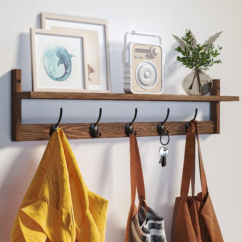 Photo 1 of BAMEOS Wall Hooks with Shelf 28.9 Inch Length Entryway Wall Hanging Shelf Wood Coat Hooks for Wall with Shelf Wall-Mounted Coat Hook Rack with 5 Dual Hooks...
