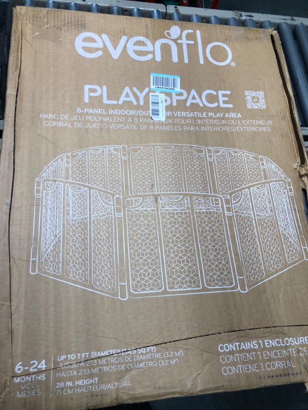 Photo 1 of Evenflo Versatile Adjustable and Portable Play Yard with Lawn Stakes for Outdoor Use, Non-Scratch Floor Pads for Indoor Use, and Foldable Design with Molded Handle for Easy Transportation, Cool Gray 8 Panel Cool Gray