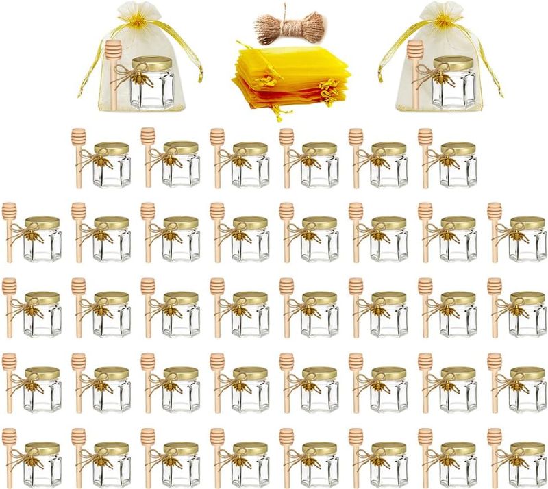 Photo 1 of 40-Count 1.5 oz Mini Hexagonal Glass Honey Jars -Small Honey Jars with Wooden Dippers, Bee Charms, Gold Gift Bags and Jutes - Honey Jars with Gold Lids for Baby Shower, Party Favors
