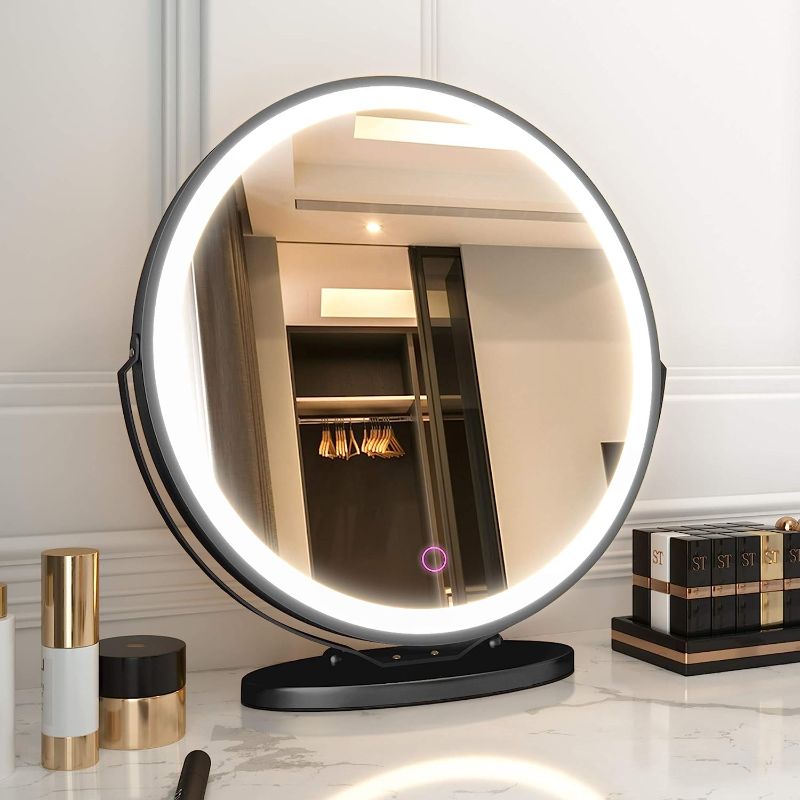 Photo 1 of  Vanity Makeup Mirror with Lights, 3 Color Lighting Dimmable LED Mirror, Touch Control, 360°Rotation, High-Definition Large Round Lighted Up Mirror for Bedroom Table Desk (Black