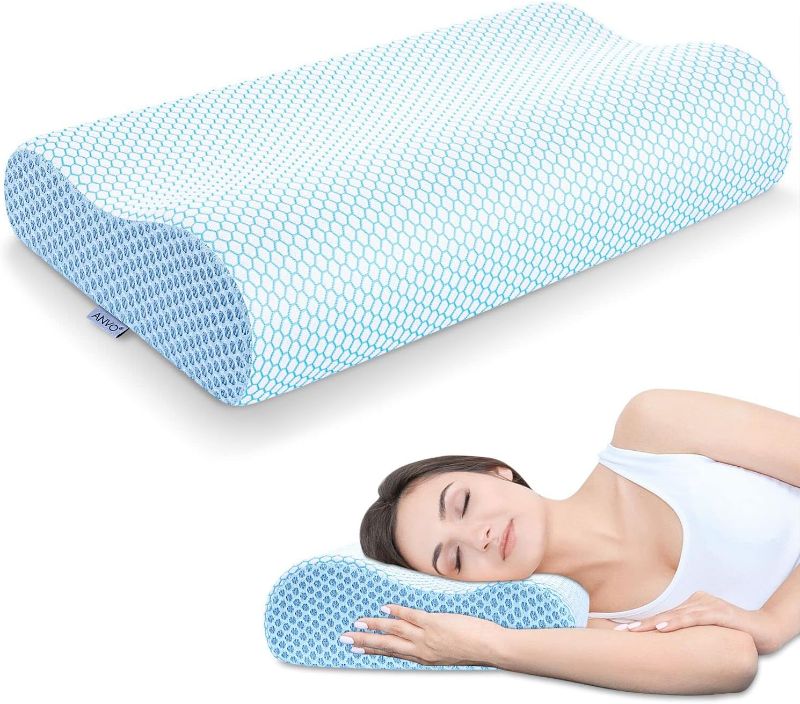 Photo 1 of Anvo Memory Foam Pillow, Neck Contour Cervical Orthopedic Pillow for Sleeping Side Back Stomach Sleeper, Ergonomic Bed Pillow for Neck Pain - Blue White, Firm
