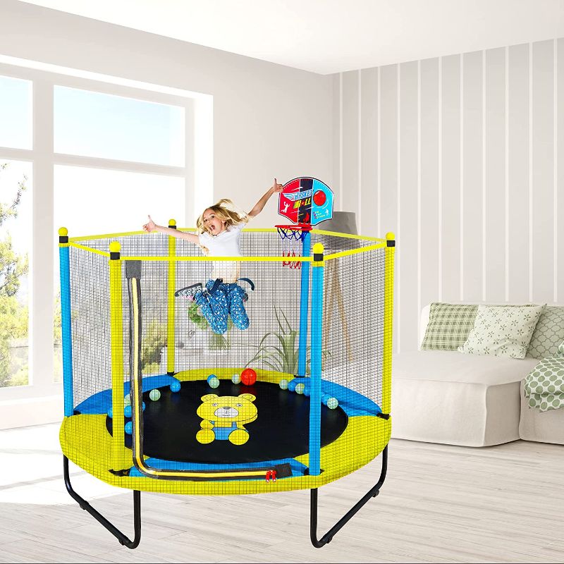 Photo 1 of 60" Trampoline for Kids, 5FT Indoor Outdoor Trampoline with Enclosure Net, Mini Baby Toddler Trampoline with Basketball Hoop, Recreational Trampolines.
