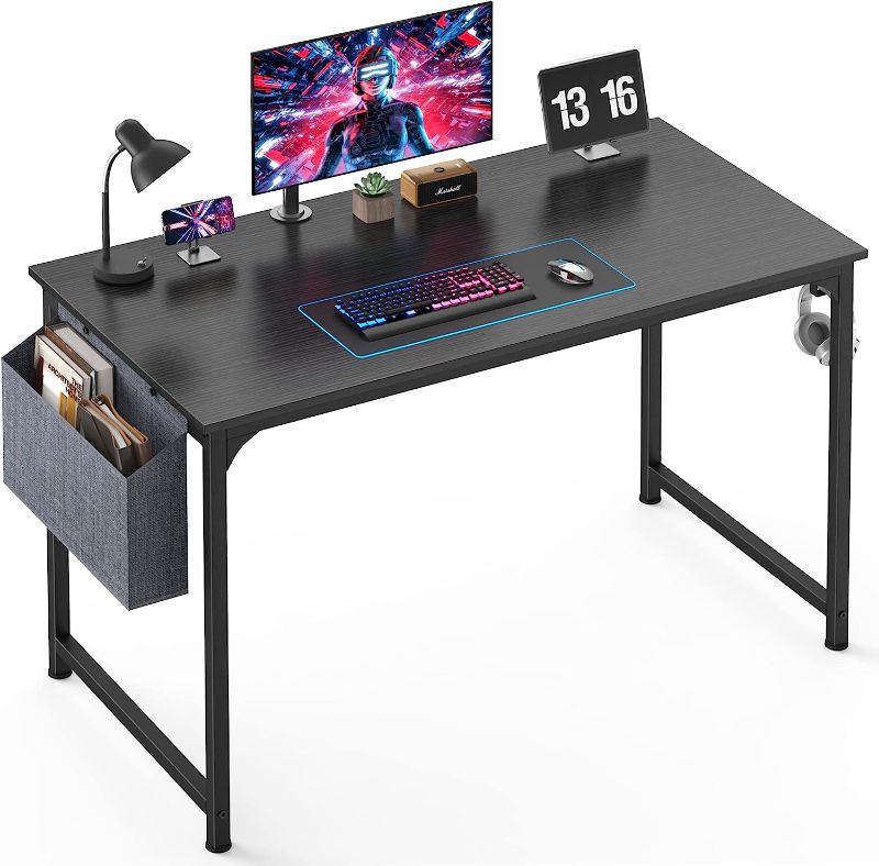 Photo 1 of Mr IRONSTONE Computer Desk 47" Home Office Writing Desk, Modern Simple Study Desk, Laptop Table with Storage Bag, Cup Holder and Headphone Hook (Stylish Black)