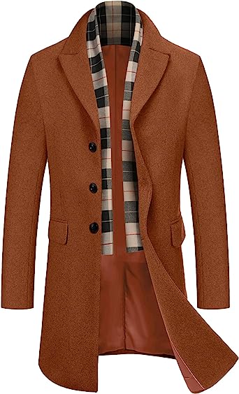 Photo 1 of COOFANDY Men's Wool Blend Coat with Detachable Plaid Scarfs Notched Collar Single Breasted Pea Coat