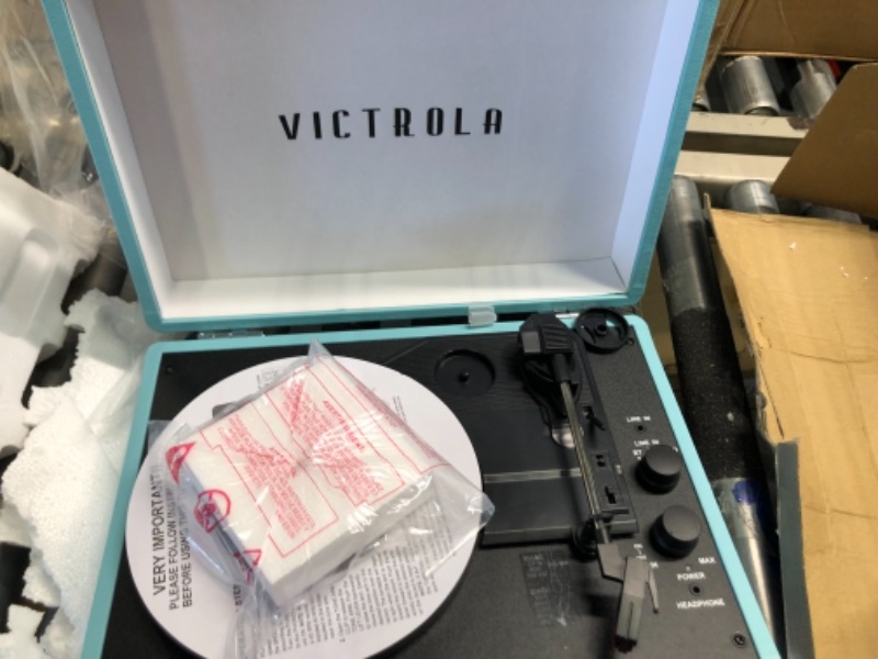 Photo 4 of Victrola Vintage 3-Speed Bluetooth Portable Suitcase Record Player with Built-in Speakers | Upgraded Turntable Audio Sound| Includes Extra Stylus | Turquoise, Model Number: VSC-550BT