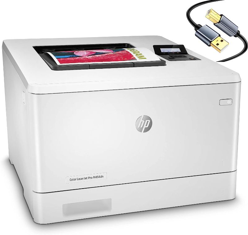 Photo 1 of HP Color Laserjet Pro M454dn Print only Wired Laser Printer, 2-line Backlit LCD Display, 28 ppm, Auto Duplex Printing, 600 x 600 dpi, 8.5 x 14, USB 2.0, Ethernet, White, 