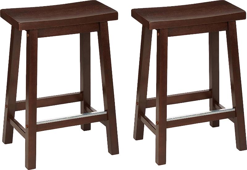 Photo 1 of Amazon Basics Solid Wood Saddle-Seat Kitchen Counter-Height Stool, 24-Inch Height, Walnut Finish - Set of 2