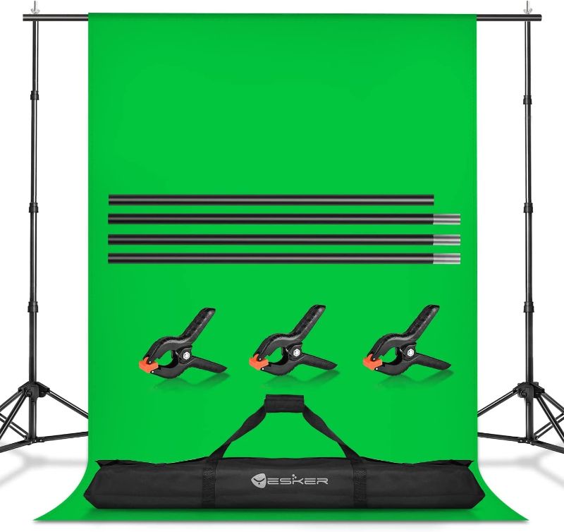Photo 1 of esker Photo Video Studio 8.5 x 10ft Green Screen Backdrop Stand Kit, Photography Background Support System with 6 x9ft Muslin Chromakey Backdrop for Portrait,Product Photography and Video Shooting