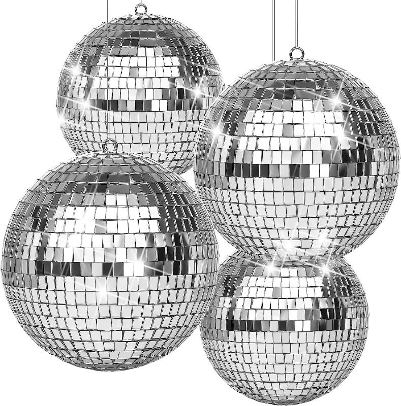 Photo 1 of 4 Pack Large Disco Ball Silver Hanging Disco Balls Reflective Mirror Ball Ornament for Party Holiday Wedding Dance and Music Festivals Decor Club Stage...
